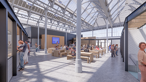 Architects' Proposal for Dewsbury Market Hall - an image of an indoor market place with children and families and seating area