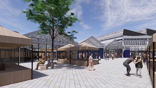 Architects' Proposal for Dewsbury outdoor market - an image of an outdoor market with fully demountable stalls and people