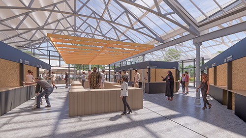Architects' Proposal for Dewsbury semi-covered market - an image of a semi-covered market with stalls and people