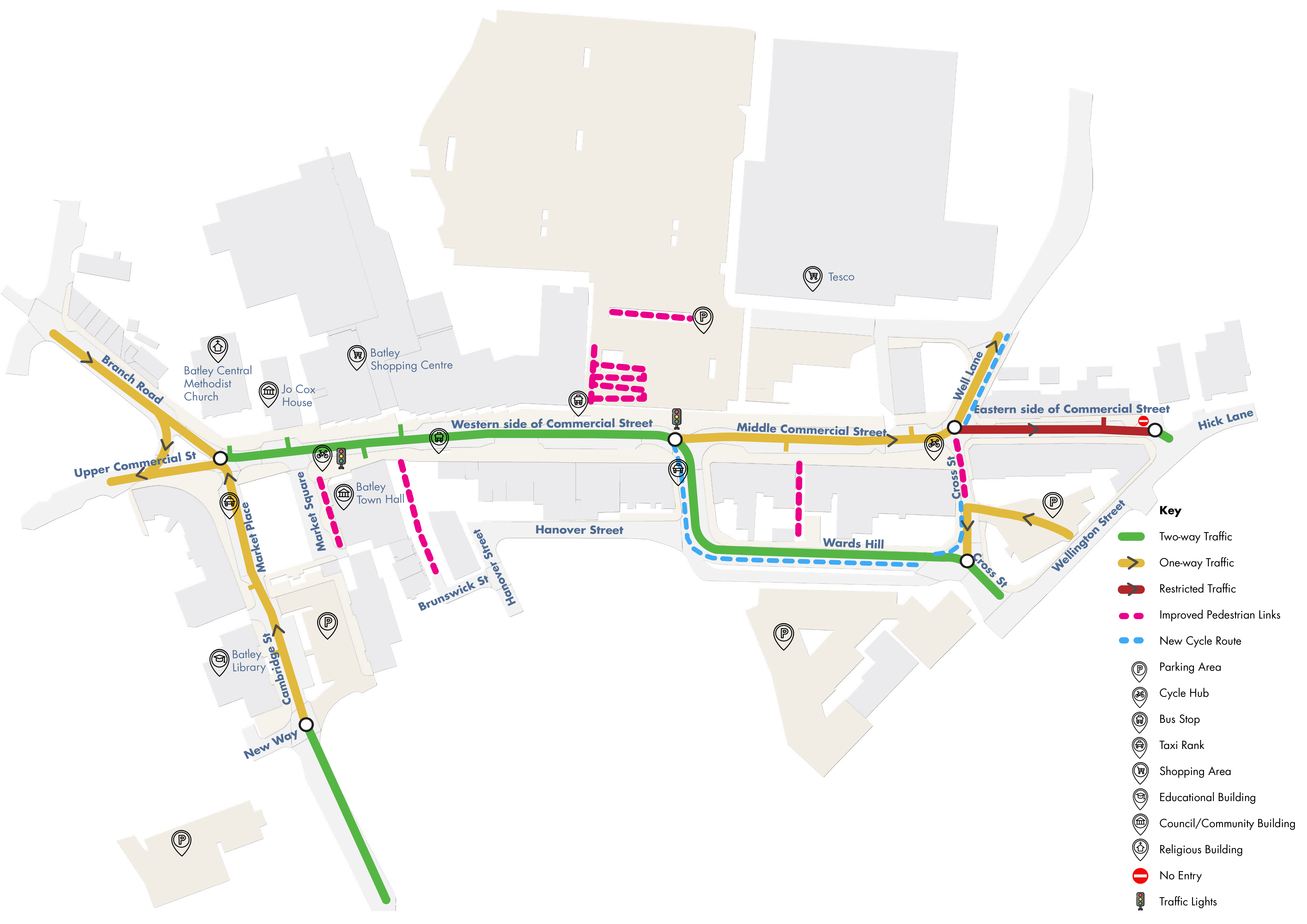 An aerial map of Batley Town Center new traffic flow