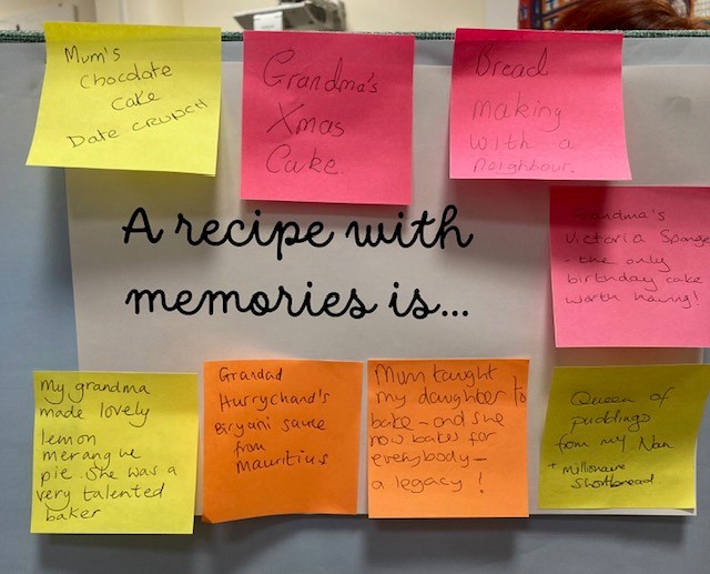 Handwritten post stick notes describing what makes memories through food surrounding the quote 'A recipe with memories is..'