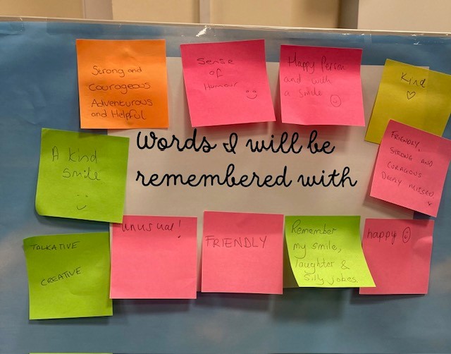 Handwritten post stick notes describing words 'words that I will be remembered with'