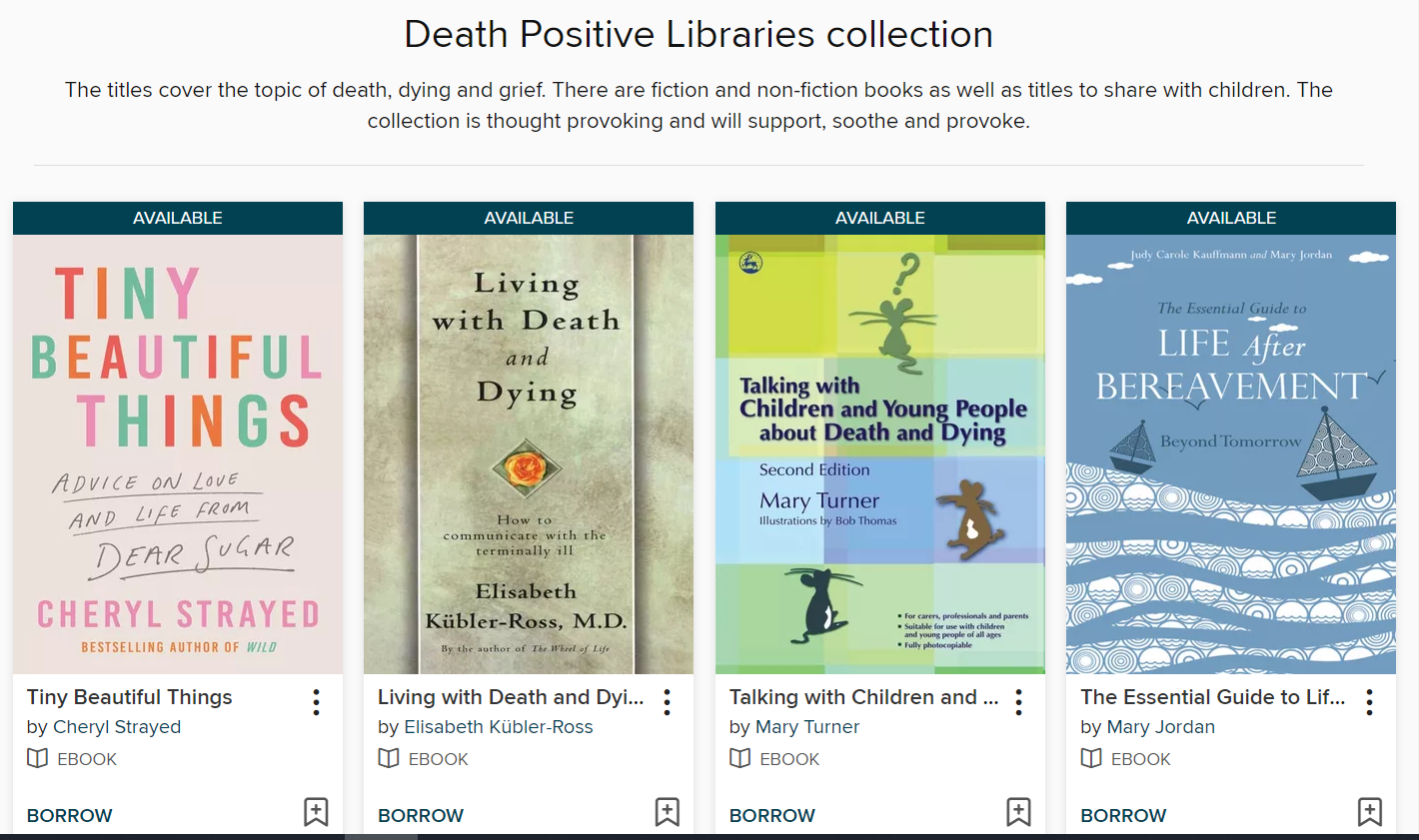 Example of Death positive library collection of book such as 'Life after bereavement'